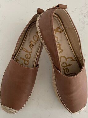 Sam Edelman Khloe Slip On Leather Espadrille Shoes Dark Tan & Cream Sz 9/39 EU